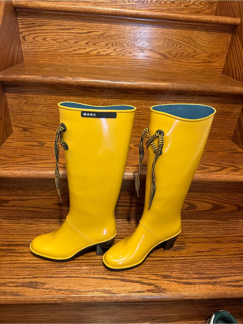 Marc Jacobs Mustard Yellow Knee-High Rain Boots with Lace Detail - Picture 2 of 5